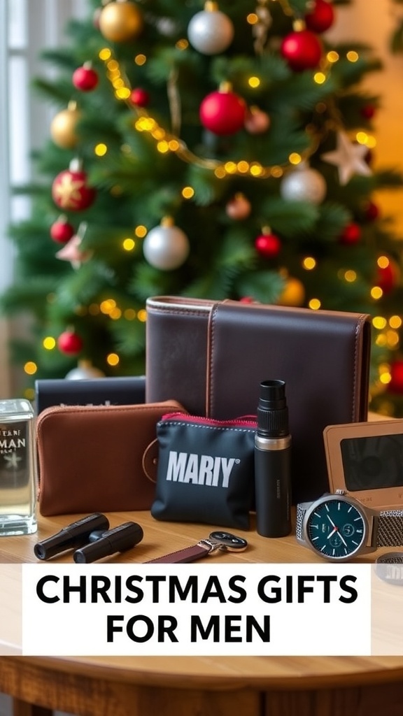 A collection of practical Christmas gifts for men, including tech gadgets and grooming items, displayed with holiday decorations.